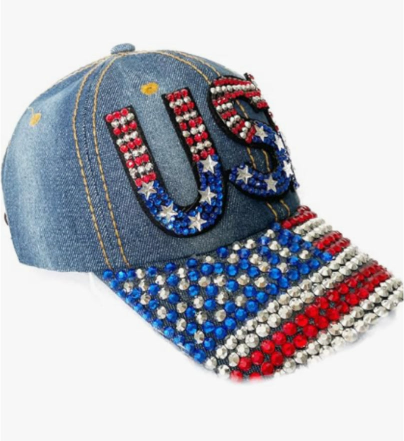 Unisex American flag baseball cap, denim distressed rhinestone cap, adult style (navy blue)