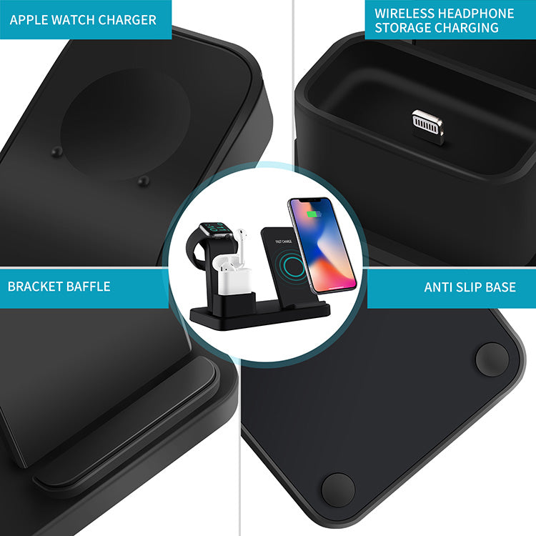 Three in one wireless charger suitable for iPhone earphones watches desktop storage stand 10W wireless fast charger