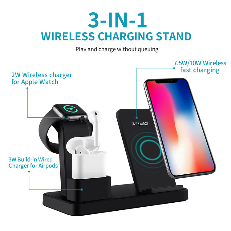 Three in one wireless charger suitable for iPhone earphones watches desktop storage stand 10W wireless fast charger