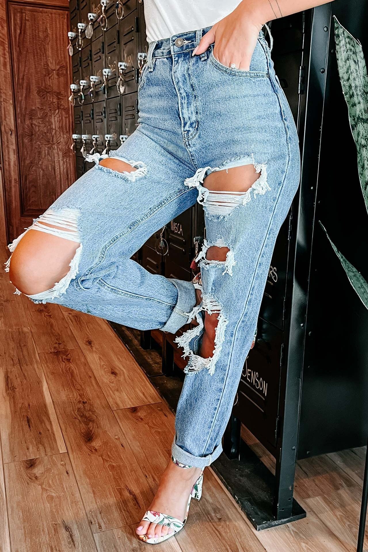 Trend Women's Jeans Blue Hight Waist Ripped Streetwear Fashion Casual Straight Denim Trousers