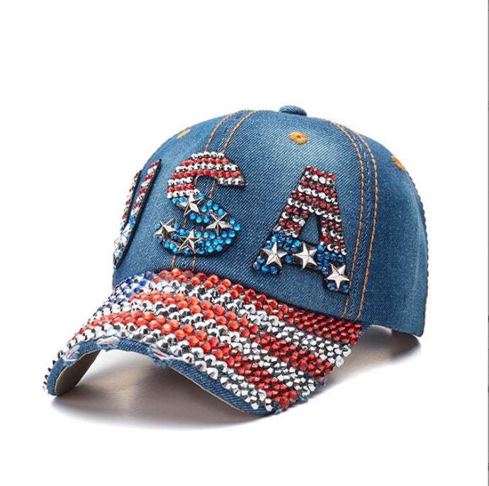 Unisex American flag baseball cap, denim distressed rhinestone cap, adult style (navy blue)