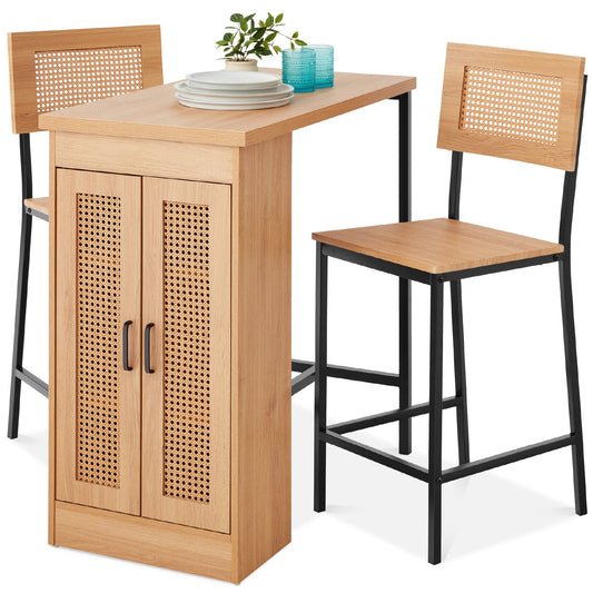 3-Piece Counter Height Rattan Kitchen Dining Table Set w/ Storage Shelves